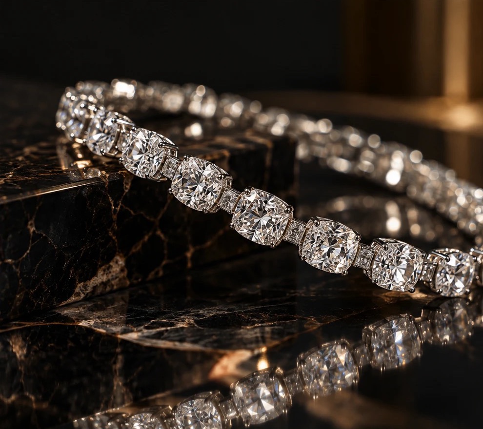 A diamond tennis bracelet on dark marble